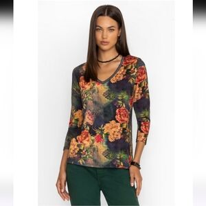 Johnny Was THE JANIE FAVORITE 3/4 SLEEVE V‑NECK TEE Catalina Blue Burnout XL